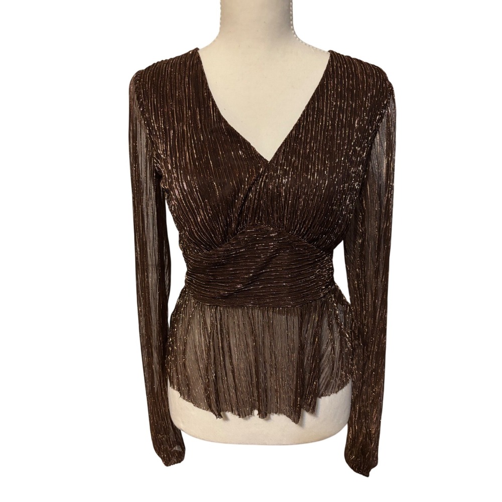 Audrey Parks Francesca's Metallic Bronze Pleated Peplum Open Back Top M